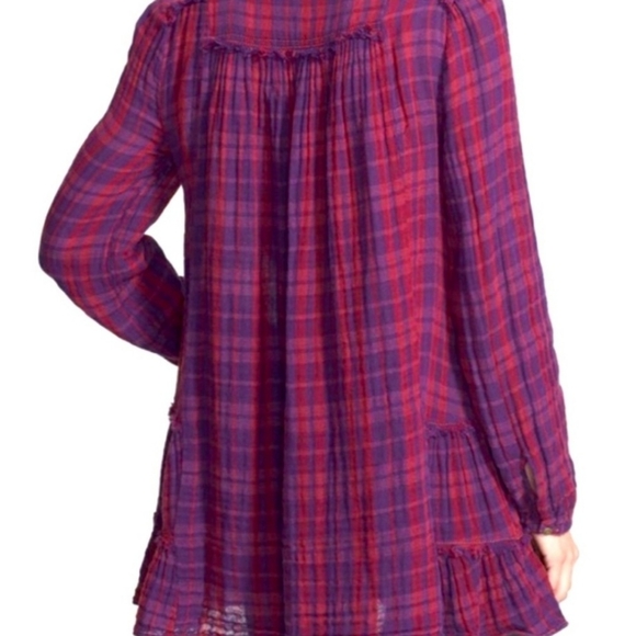 Free People Whistle While You Work Gauzy Purple Plaid Tiered Button Up Tunic Top - Picture 3 of 15